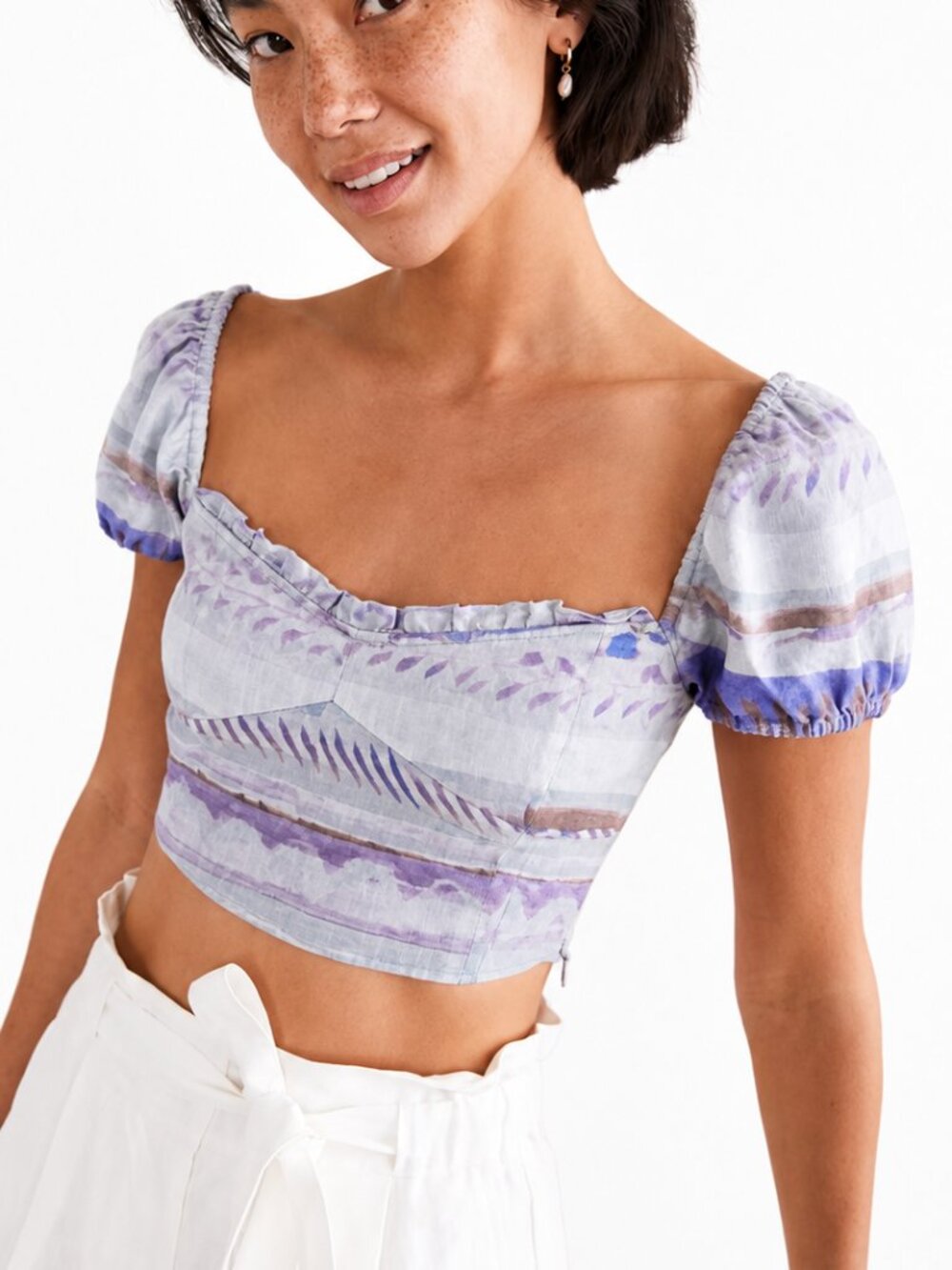 WILFRED Wander Organic Linen Blouse Top Medium Floral Puff Sleeve Crop Aritzia